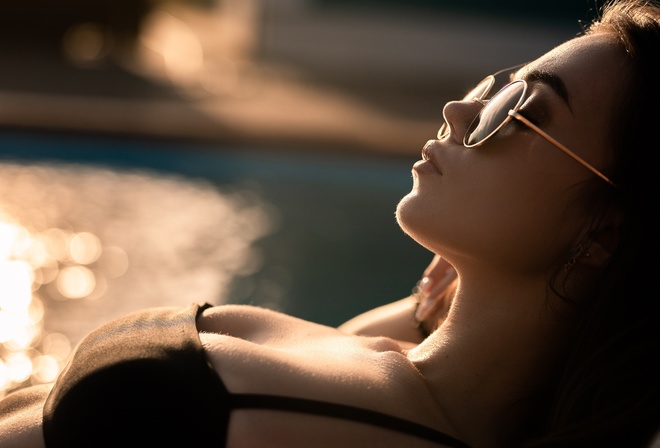 swimming pool, brunette, Alexander Nesterenko, closed eyes, women with shades, model, women outdoors, women with glasses, 