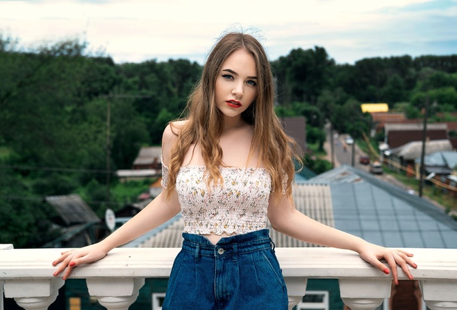 red lipstick, women, sky, women outdoors, jean shorts, model, , jeans, balcony, trees, brunette, , clouds, looking at viewer, blue eyes, beautiful