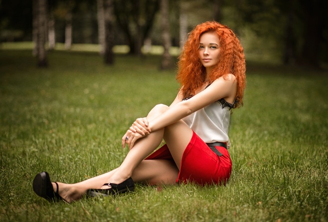 Stanislav Maximov, redhead, grass, women outdoors, women, red skirt, blouse, trees, , model, sitting, wavy hair