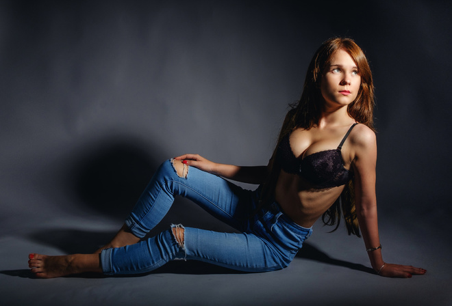 barefoot, jeans, model, studio, , on the floor, women, women indoors, black bra, redhead, torn jeans