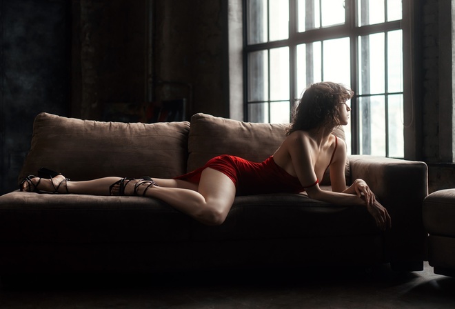 Slava Sedov, Olga Sakharova, red dress, brunette, by the window, on the couch, legs, women, , women indoors, , model