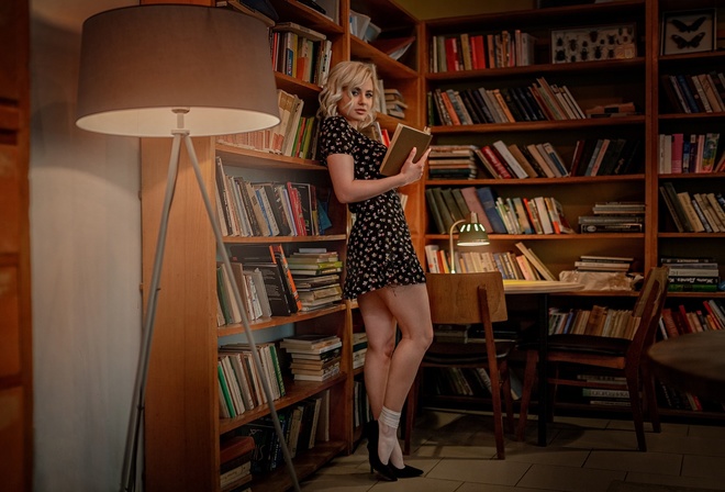 Aleksey Yuriev, blonde, legs, bookstore, , women indoors, lamp, model, , books, chair, women, standing