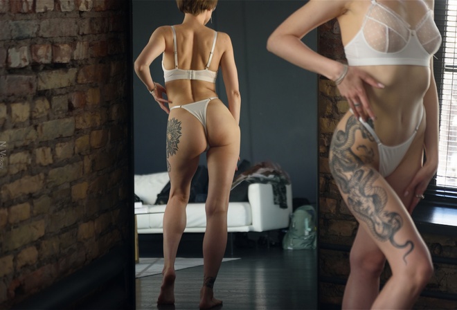 Nil Volkov, reflection, short hair, women, white panties, women indoors, , tattoo, model, hips, white lingerie, white bra, boobs, brunette, white couch, , mirror, standing, rear view, window