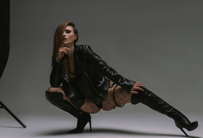 studio, Ornella Igoshina, bodysuit, , ass, squatting, leather jacket, brunette, boots, high heeled boots, women indoors, women, jacket, black bodysuit, model