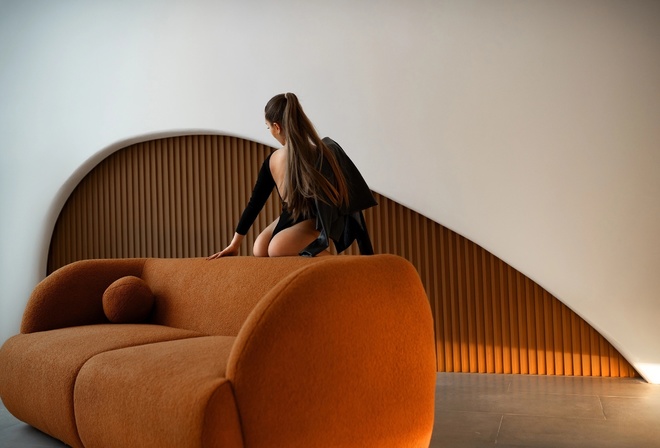 brunette, leather jacket, , orange couch, ass, couch, women indoors, monokinis, hips, , model, bodysuit, ponytail, rear view