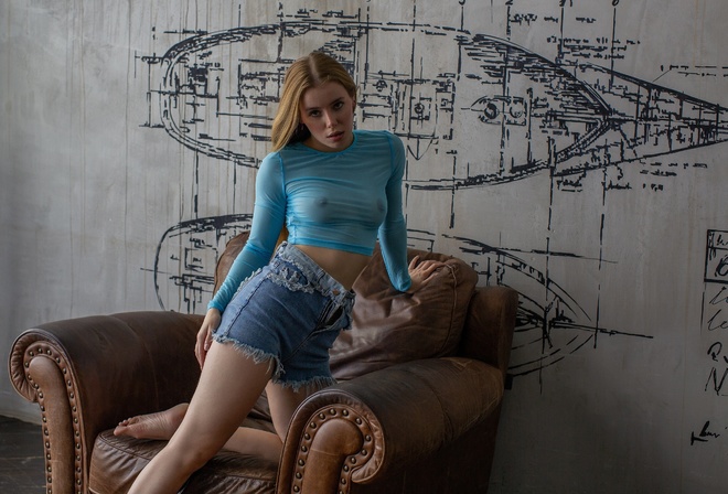 Ilya Miloradov, boobs, blonde, Lolita Dobrorodnova, jean shorts, model, , nipples through clothing, women indoors, armchair, women, , see-through clothing