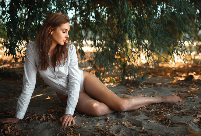 women, white bodysuit, hips, redhead, women outdoors, closed eyes, , trees, model, , legs