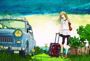 Blonde with suitcase, , , , 