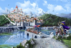 middle ages, wood, fantasy, Cg wallpapers, city, lake, mountains, castle, bridge, marina kecman