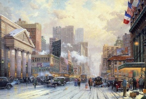 painting, Thomas kinkade, city, winter, street, 1932, art, snow on seventh avenue, snow, new york