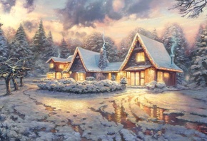 Christmas lodge, art, snow, thomas kinkade presents, film, thomas kinkade, winter, movie, house