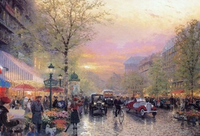 france, art, thomas kinkade, city of lights, Paris, le boulevard des lumieres at dusk, painting
