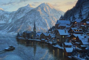 mountain, Eugeny lushpin, lushpin, painting, lake, austria, alps, village,  ...