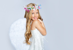 wings, children, happiness, angel, Beautiful little girl, crown of flowers, childhood, child