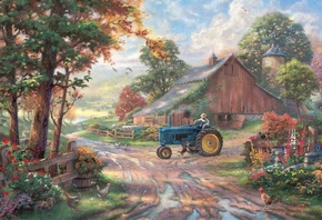 animals, Summer heritage, dog, barn, painting, summer, thomas kinkade, trac ...