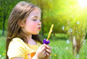 beautiful, grass, little girl, playing, nature, cute, spring, bubbles, happiness, Blonde, lovely