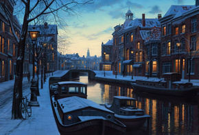 lights, painting, boats, netherlands, amsterdam, Winter twilight, holland,  ...