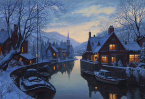 An old inn by the river, painting, winter, chapel, eugeny lushpin, houses, lushpin, snow, trees