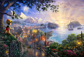 Thomas kinkade, 50-th anniversary, pinocchio wishes upon a star, art, the disney dreams collection
