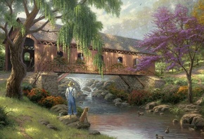 art, Old fishin hole, thomas kinkade, painting, nature, bridge, fisherman, duck, river