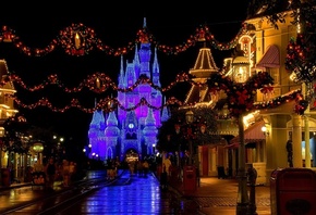 christmas decoration, castle, disneyland, florida, cinderella castle, usa, street, Christmas