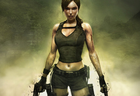 lara croft, girl, ruins, weapons, guns, tomb raider, jungle, legend