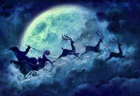 night, blue, flying, reindeer, santa, cloud, moon, christmas, sleigh