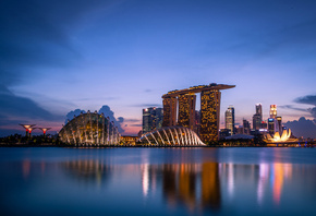 sunset, gardens by the bay, blue sky, evening, lights, architecture, Singap ...