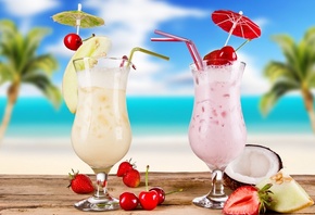 glasses, fruits, cocktails, food, Cocktail, summer, melon, strawberries, cherries, coconut