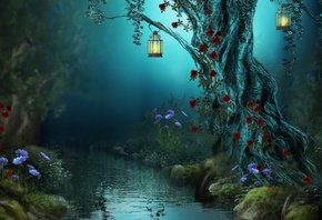 night, , Fantasy, roses, red roses, lamps, flowers, forest, nature, , river