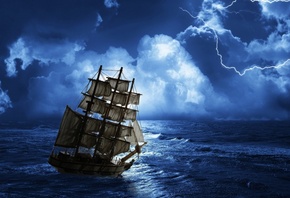 landscape, nature, night, , sea, Ghost ship, clouds, thunder, -, creepy