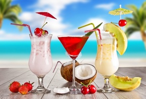 melon, Summer, food, fruits, strawberry, glasses, cocktails, coconut, cocktail, cherry