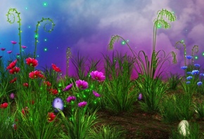 Flowers, sparkes, grass, rendering, , , ,  