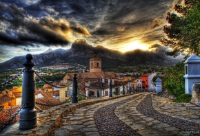 houses, sunset, colors, road, colorful, old, Architecture, clouds, mountain, street, hdr, sky