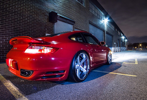 Porsche, 911, Turbo, Tuning, Red, Rims, Wheels, Night, Lights, Glow, Garage