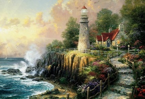 painting, The light of peace, house, art, sea, thomas kinkade, cottage, lighthouse