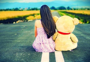 girl, sad, bear, road
