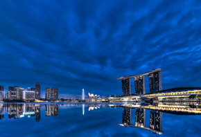 gardens by the bay, night, blue sky, bay, Singapore, lights, skyscrapers, architecture, clouds