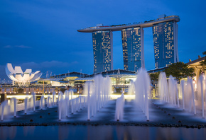 blue, Singapore, fountains, gardens by the bay, skyscrapers, night, archite ...