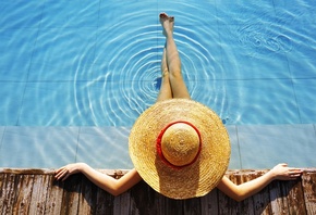 girl, pool, hat, water