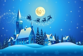 new year, snowman, merry christmas, snow, trees, ice town, full moon, santa claus, Reindeer, houses, stars, vector, graphic,  