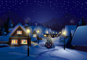 new year, merry christmas, christmas tree, town, city, houses, lights, ligh ...