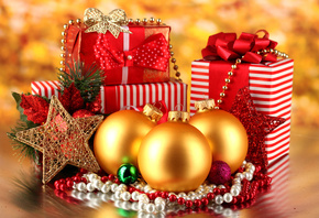 Merry Christmas, new year, golden balls, stars, gifts, decoration, ribbon,  ...
