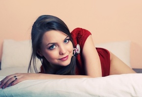 cute, brunette, bed, room