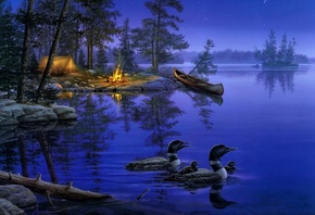 lake, , darrell bush, night, , , , painting, A world away