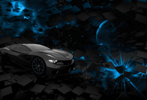 car, space, planet, blue, black, square, rendering, background
