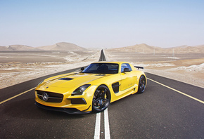 Mercedes-Benz, AMG, SLS, Black Edition, Supercar, Yellow, Road, Desert, Sky