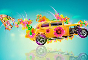 Tony Kokhan, Retro, Car, Flowers, Fantasy, Chevrolet, Engine, Side, Butterfly, Multicolors, Blue, Background, HD Wallpapers, el Tony Cars, Photoshop,  , , , , ,  , , , , , , ,