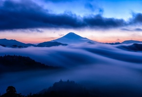 mountain, mist, sky, clouds, snow, blue, sunset, , , ,  ...