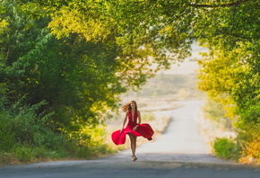 road, tree, dress, red, girl, beauty